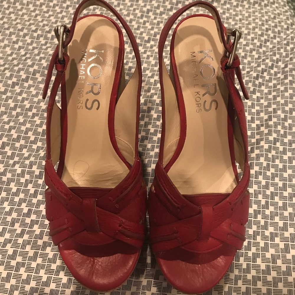 Red Leather Michael Kors Cork Sandals