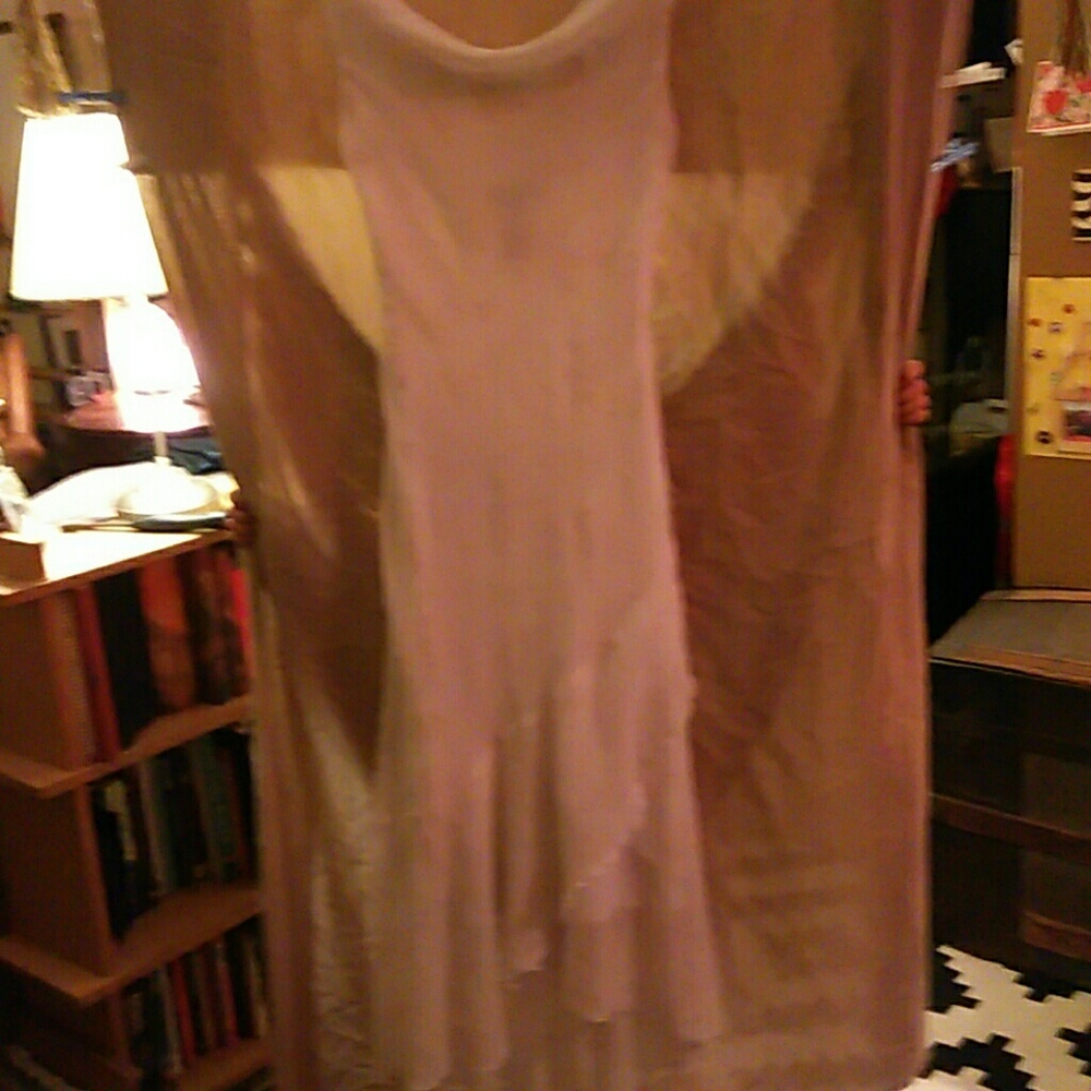 White flowing dress w/  lght. gold floral print