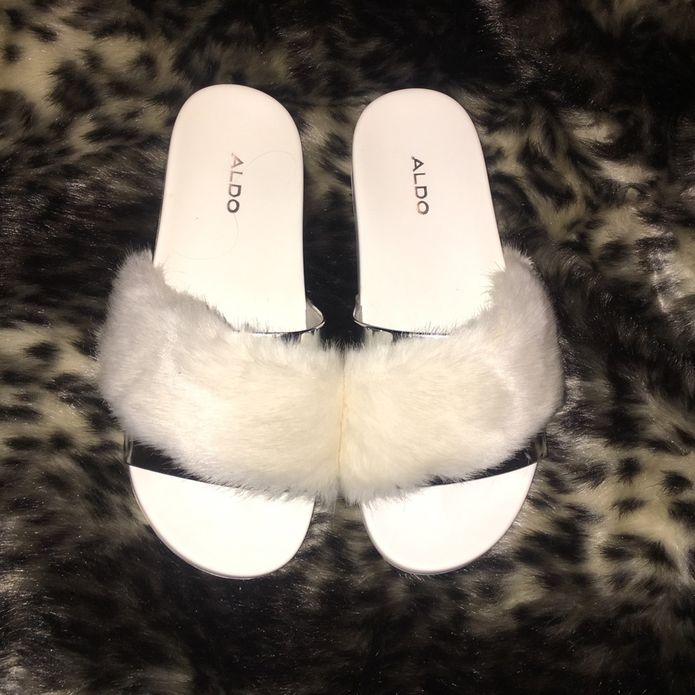 Aldo white fur slides