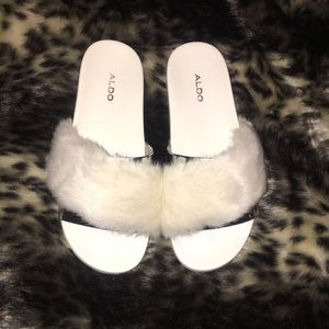 Aldo white fur slides