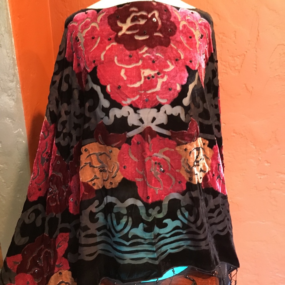 Beaded fringe burn out velvet poncho/scarf