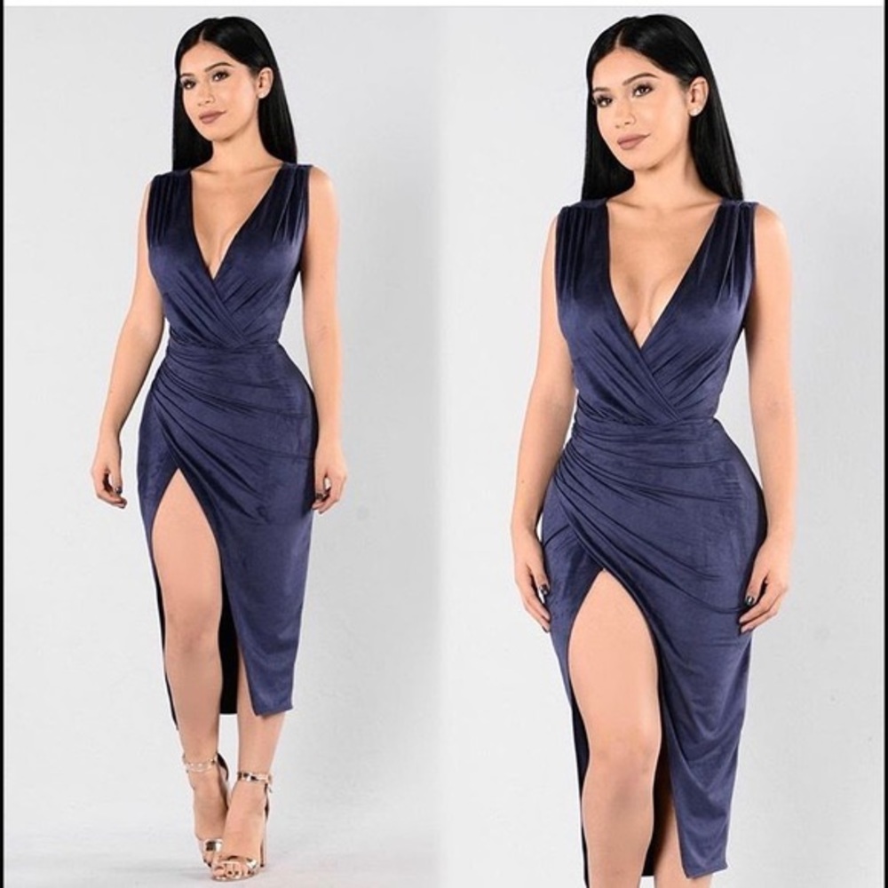 Faux Suede Navy Dress with Front Slit