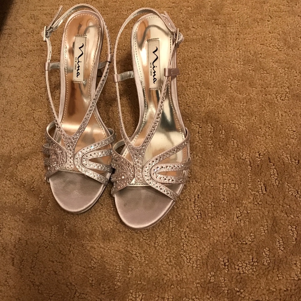 Silver evening heels with jeweled detailing