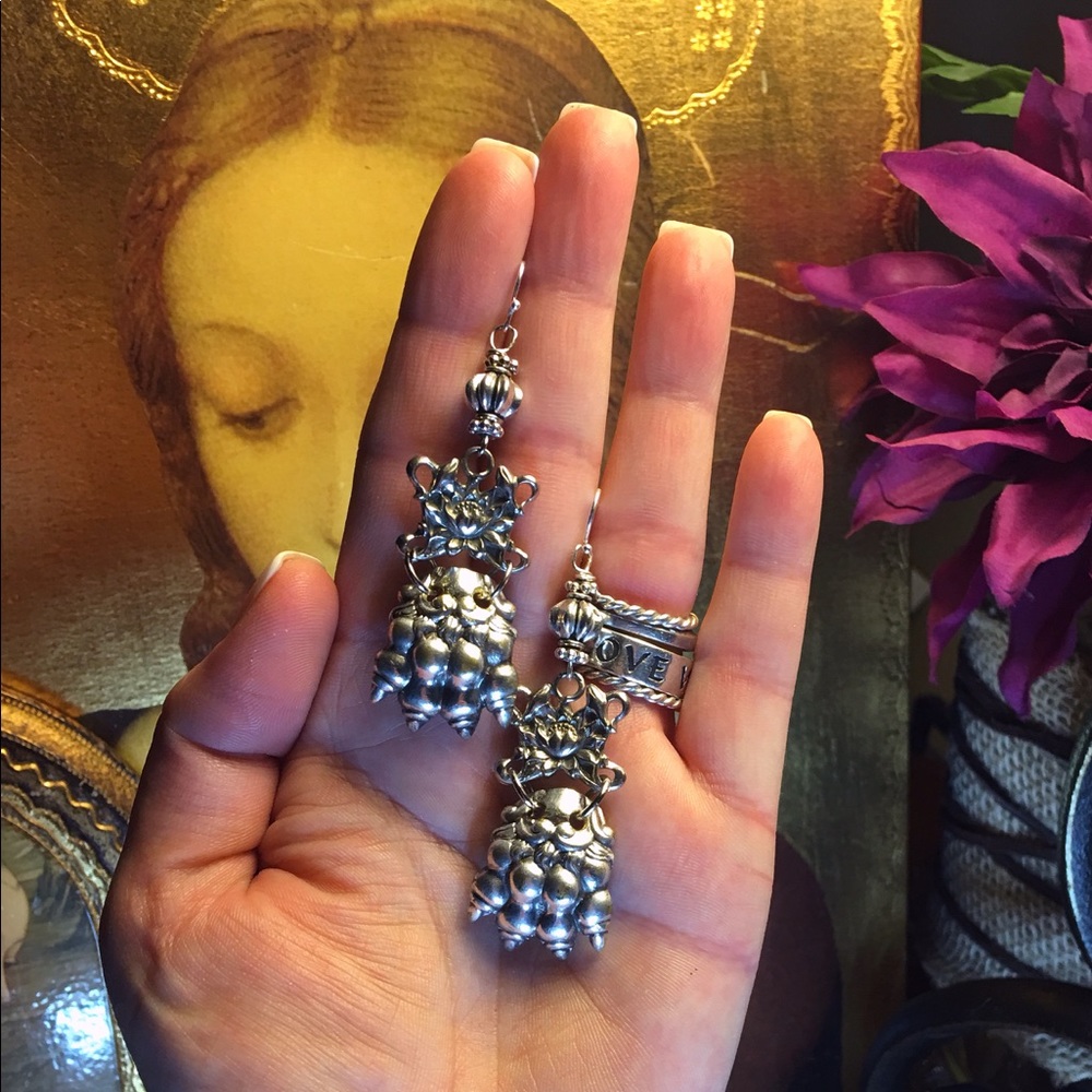 Assemblage Silver Lotus & Lion Paw Drop Earrings