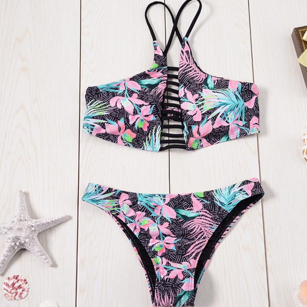 JUST IN Black Tropical Flowers Bikini