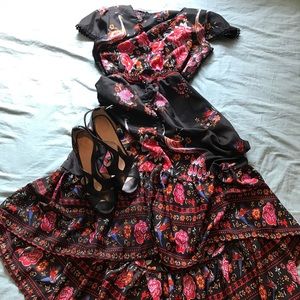 Red and multi on black, high low dress