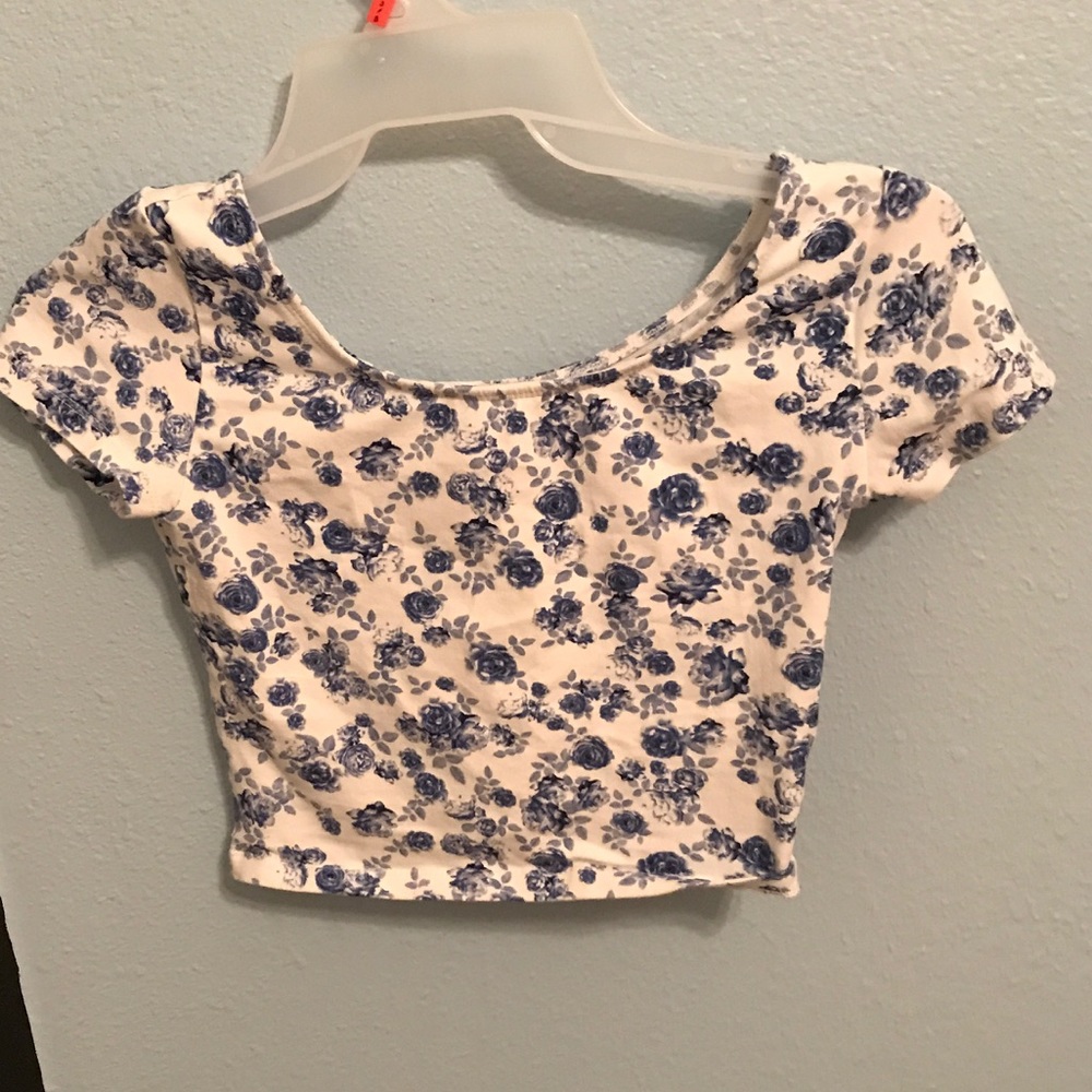 white crop top with blue flowers