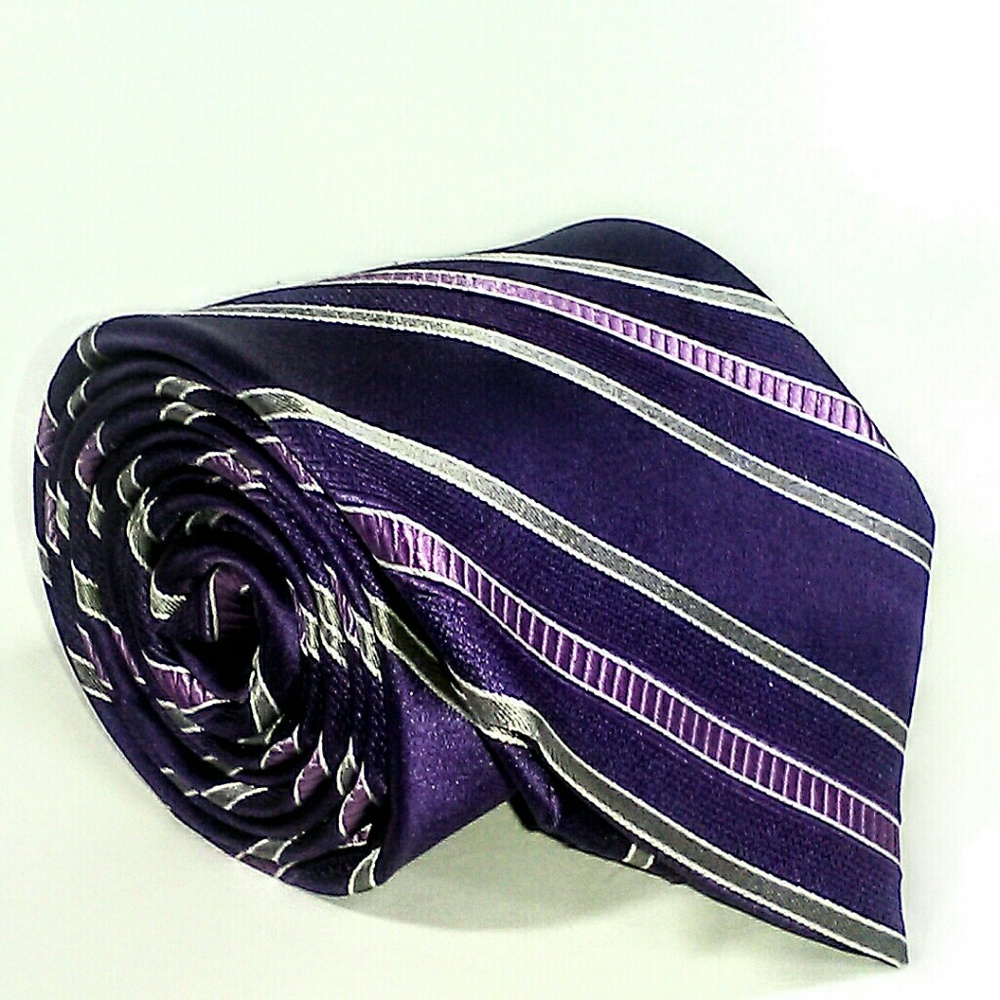 Michael Kors Purple Gray Stripe 100% Silk Necktie