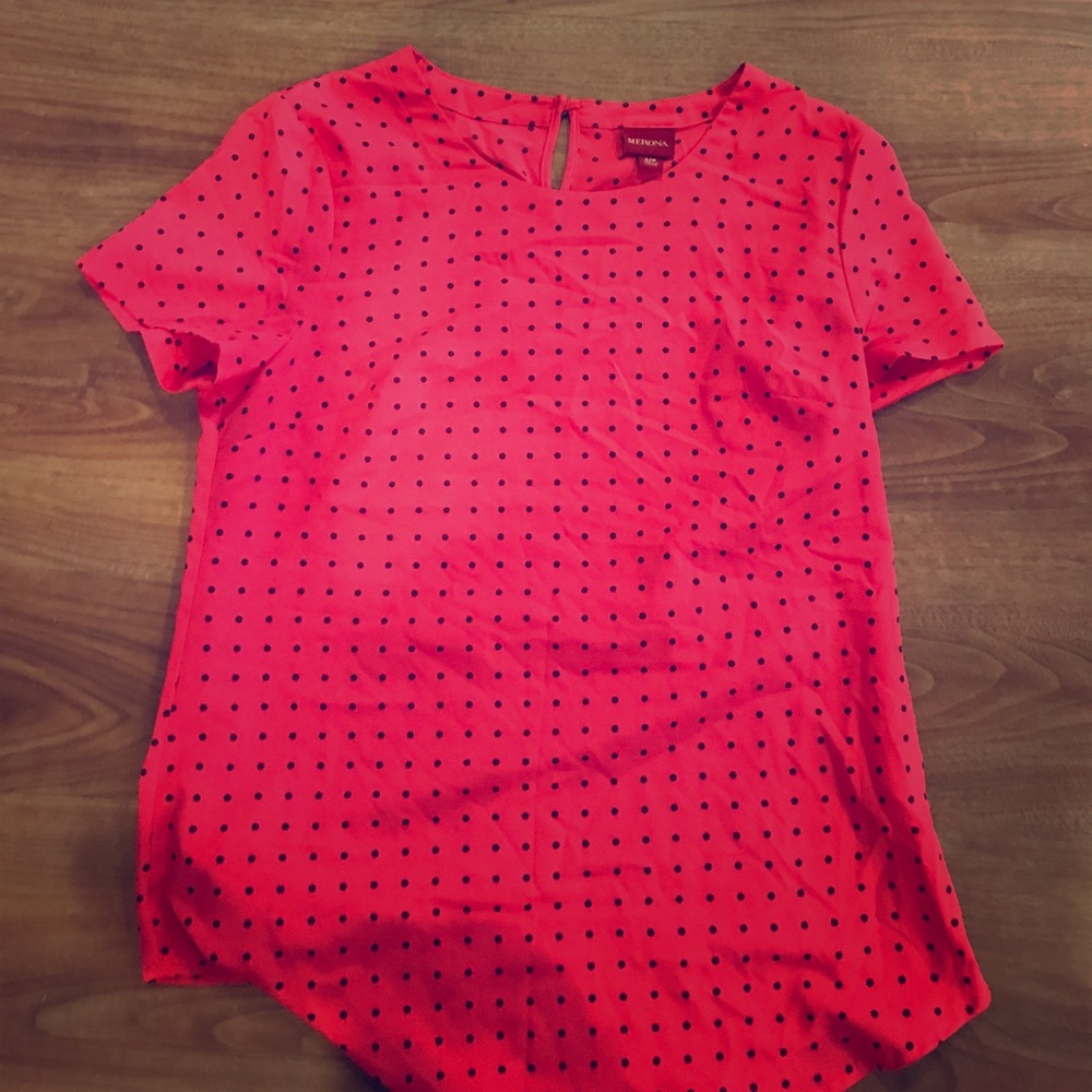 Merona Women's pink and navy polka dot blouse