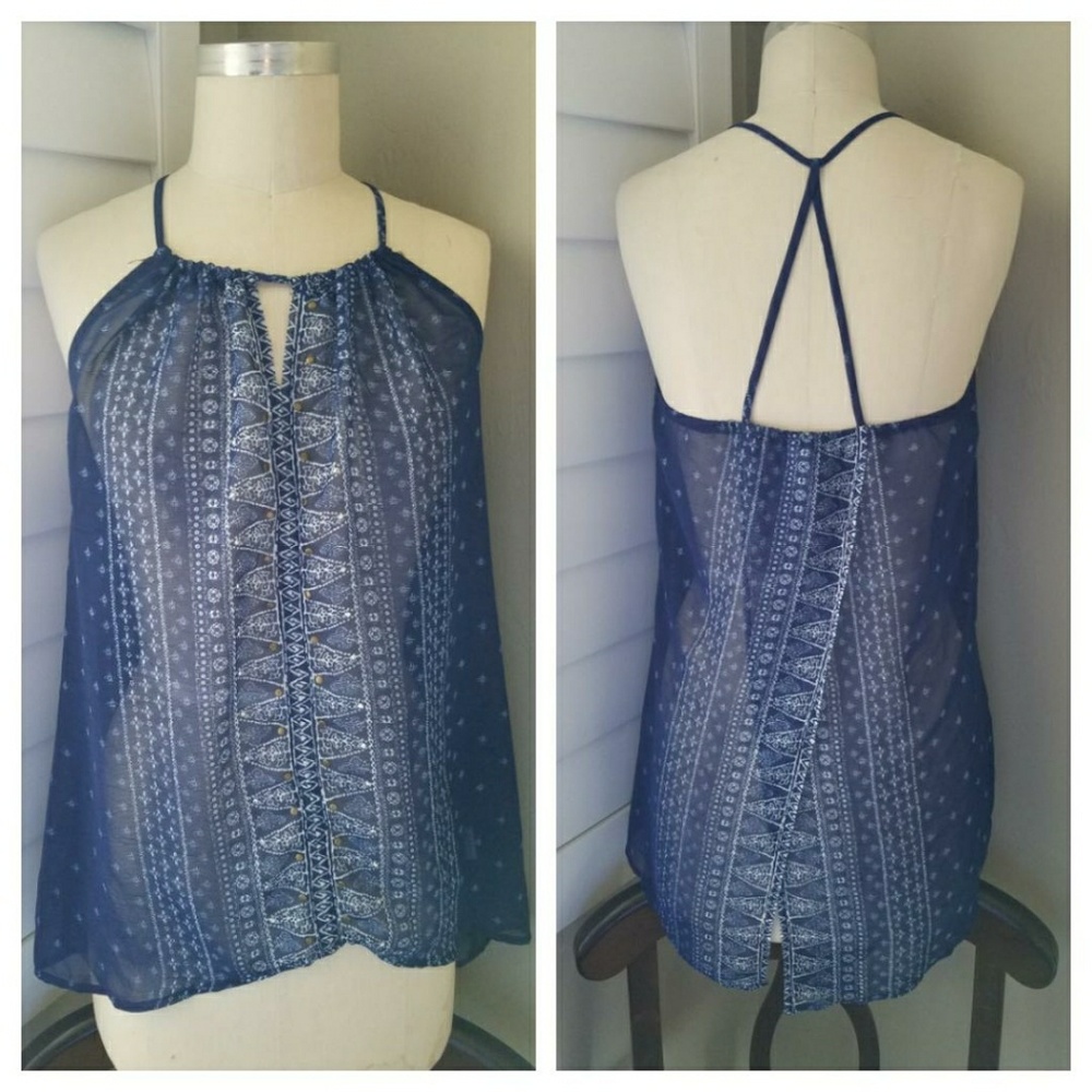 Sheer Chiffon Navy Print Tank Top