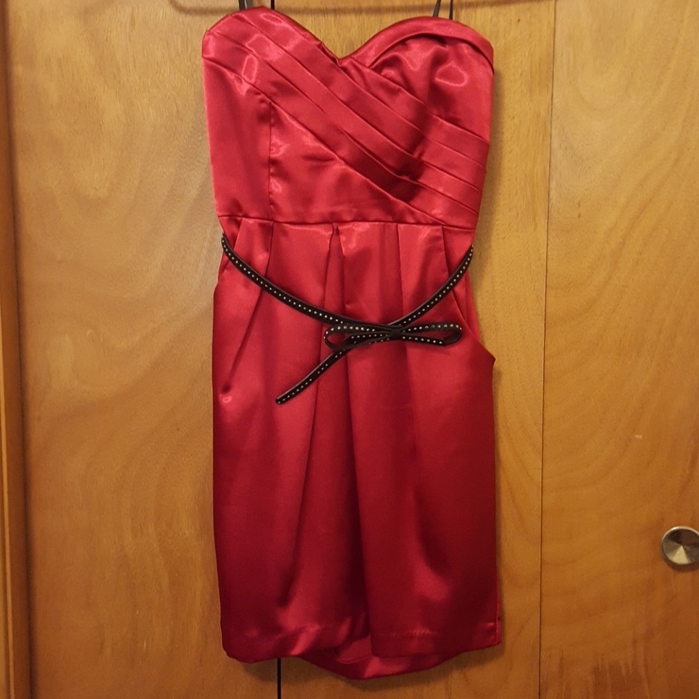 Strapless red silk dress