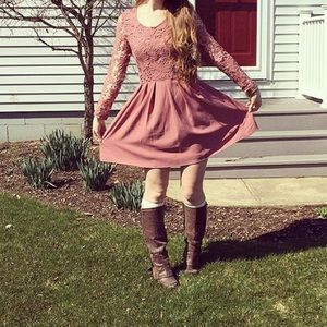 Dark pink long sleeve lace dress