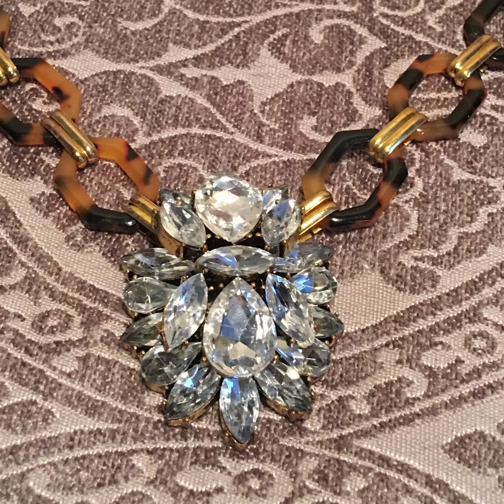 Tortoise shell necklace with crystal pendant.