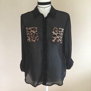Mine Black & Leopard Print Long Sleeve Blouse M