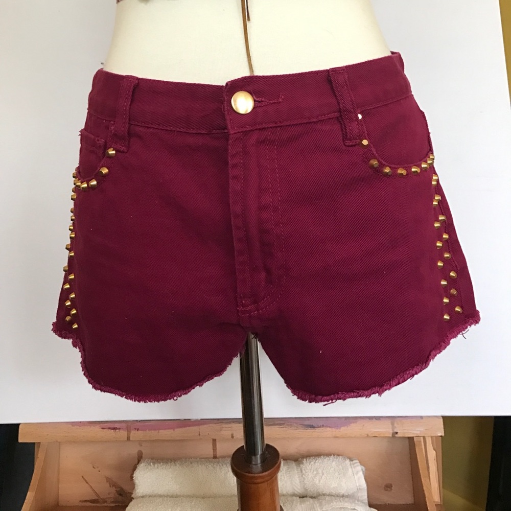 Berry Burgundy Red with Gold Studs Denim Shorts