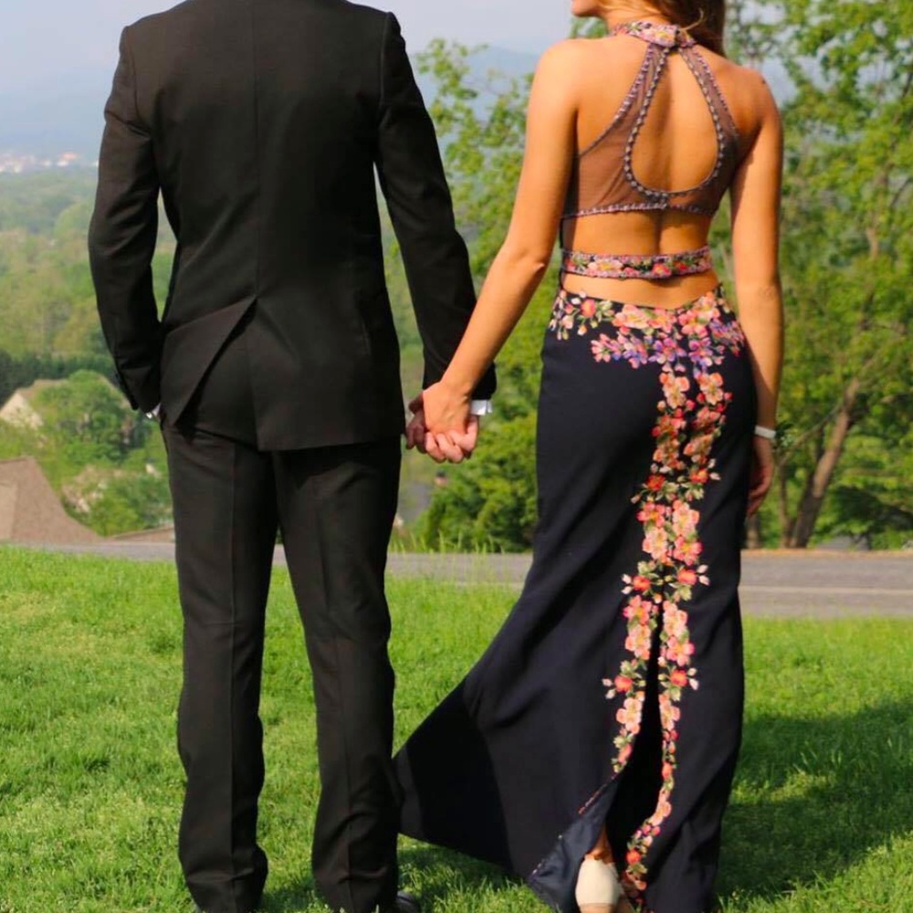 Navy High Neck Prom Dress with Floral Embroidery - Picture 1 of 8