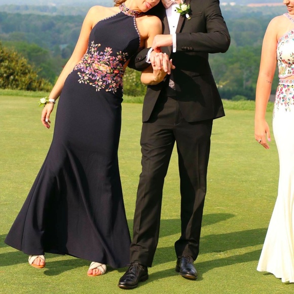 Navy High Neck Prom Dress with Floral Embroidery - Picture 2 of 8