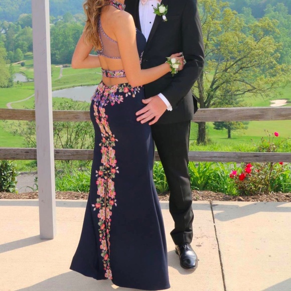 Navy High Neck Prom Dress with Floral Embroidery - Picture 4 of 8