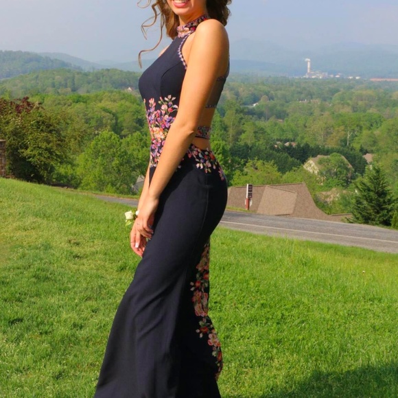 Navy High Neck Prom Dress with Floral Embroidery - Picture 5 of 8