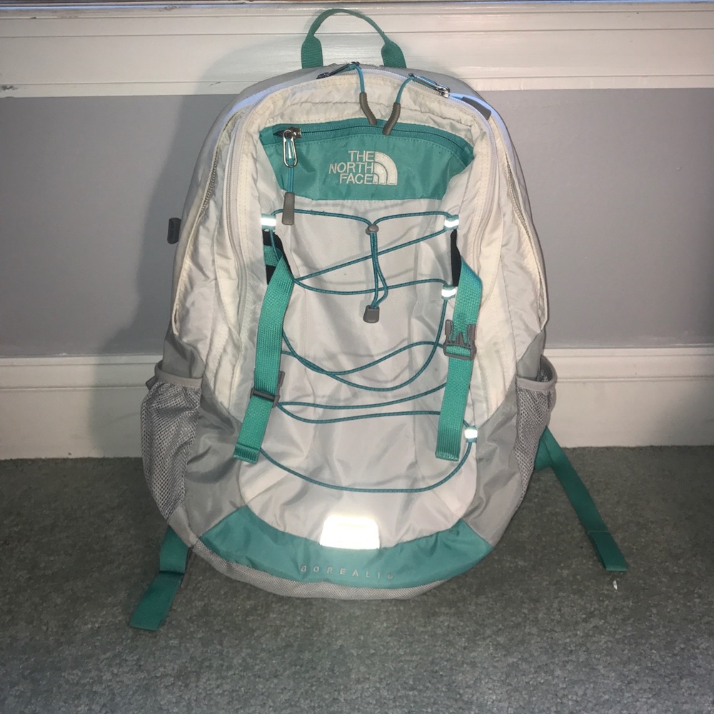 North face backpack white and teal