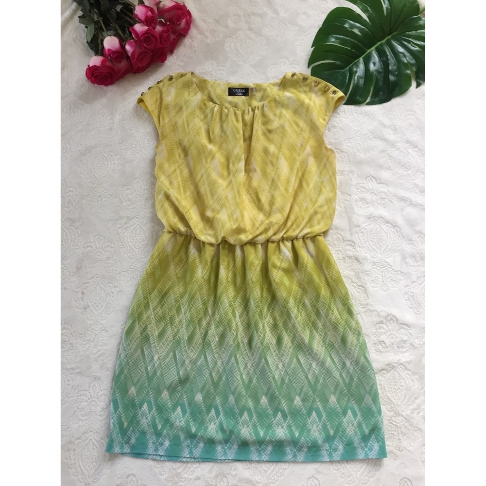 GUESS Yellow green shift dress with elastic waist