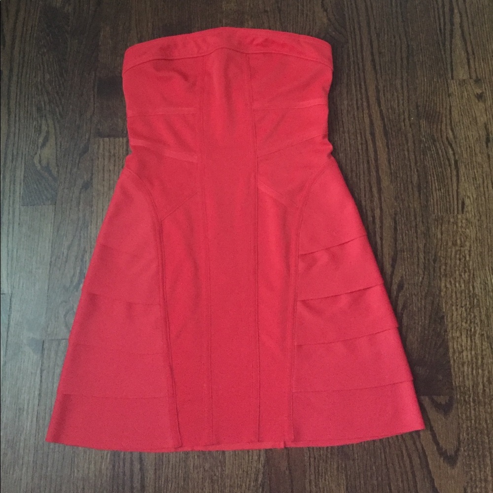 Coral Strapless Dress with Tiered Side