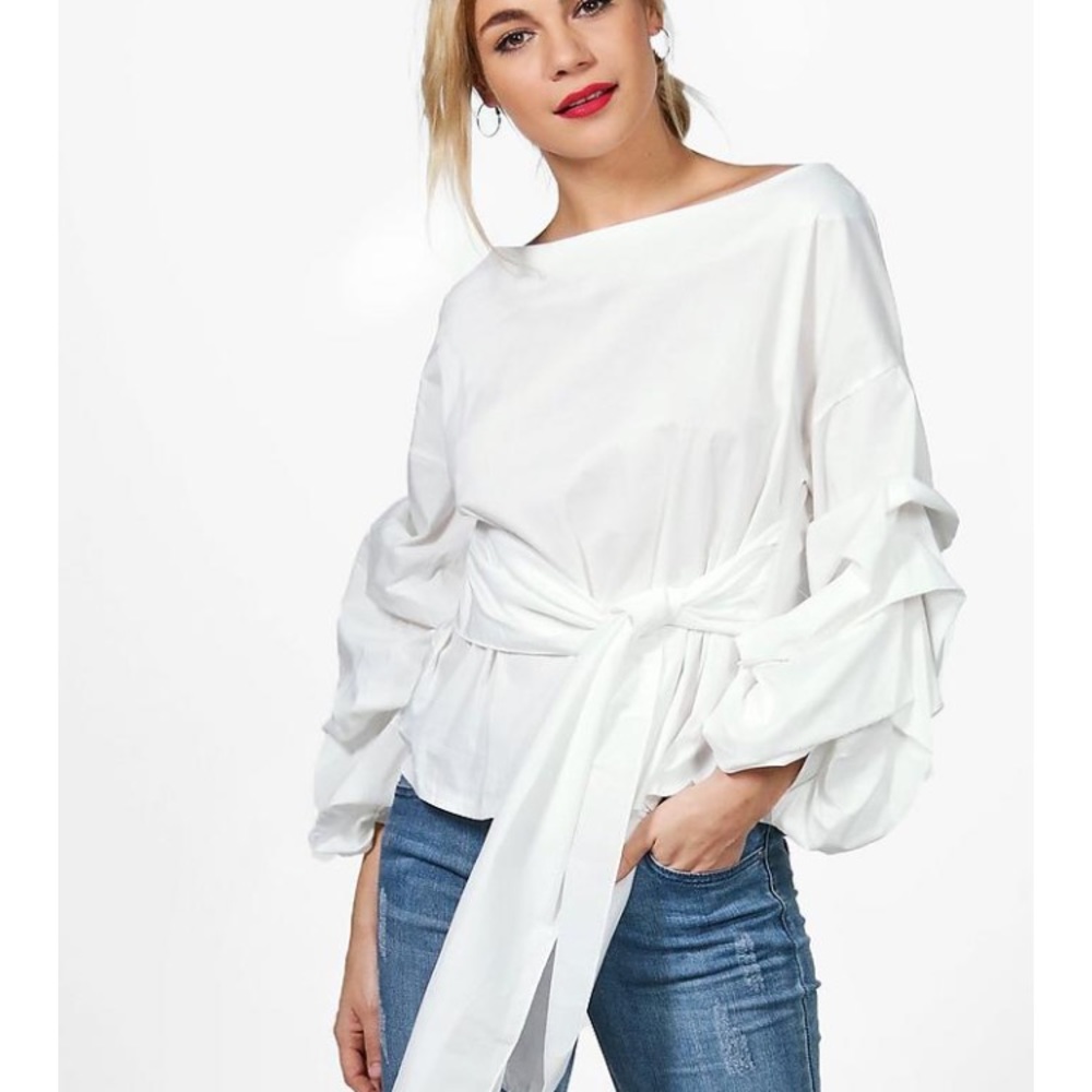 White Ruffle Sleeve, Tie Waist Blouse