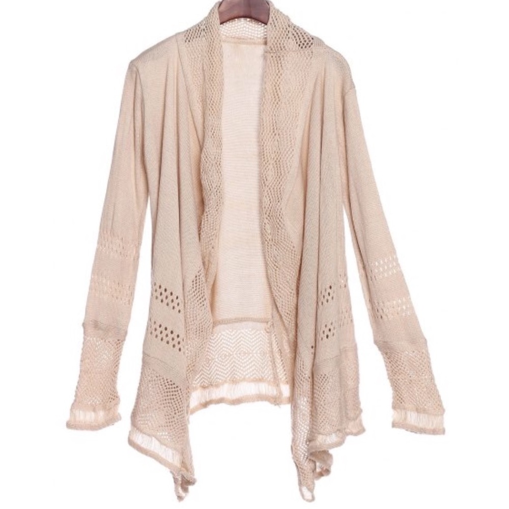 Crochet Beige Boho Long-sleeve Cardigan Sweater