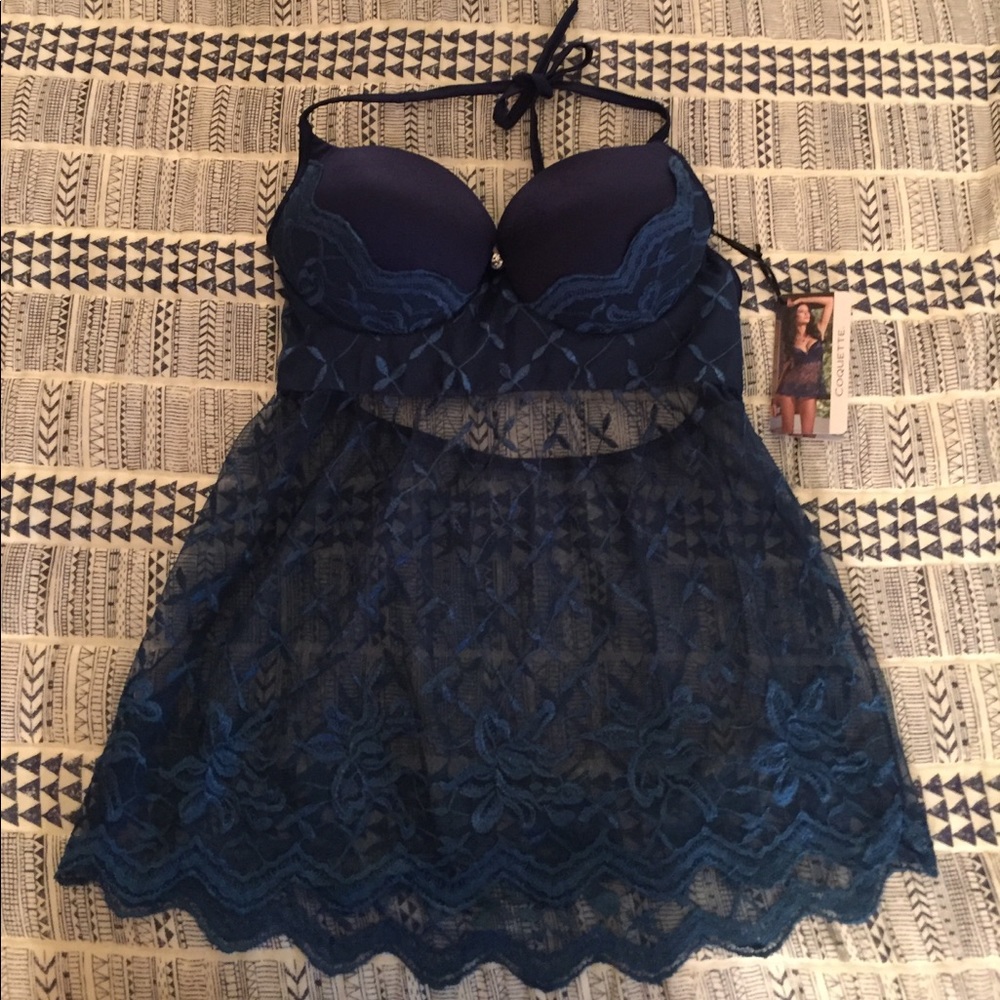 Navy Blue Babydoll Lingerie top lace NWT
