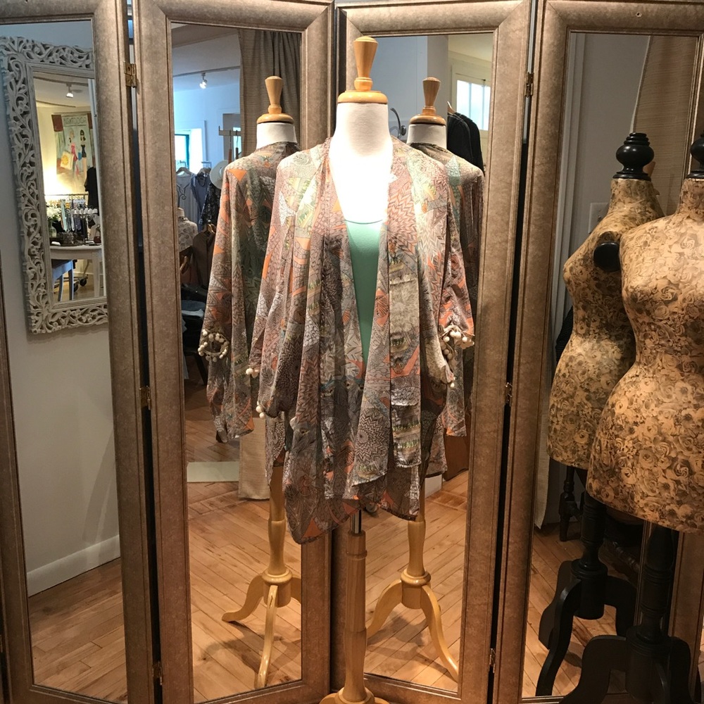 Sheer Print Kimono With Tasseling