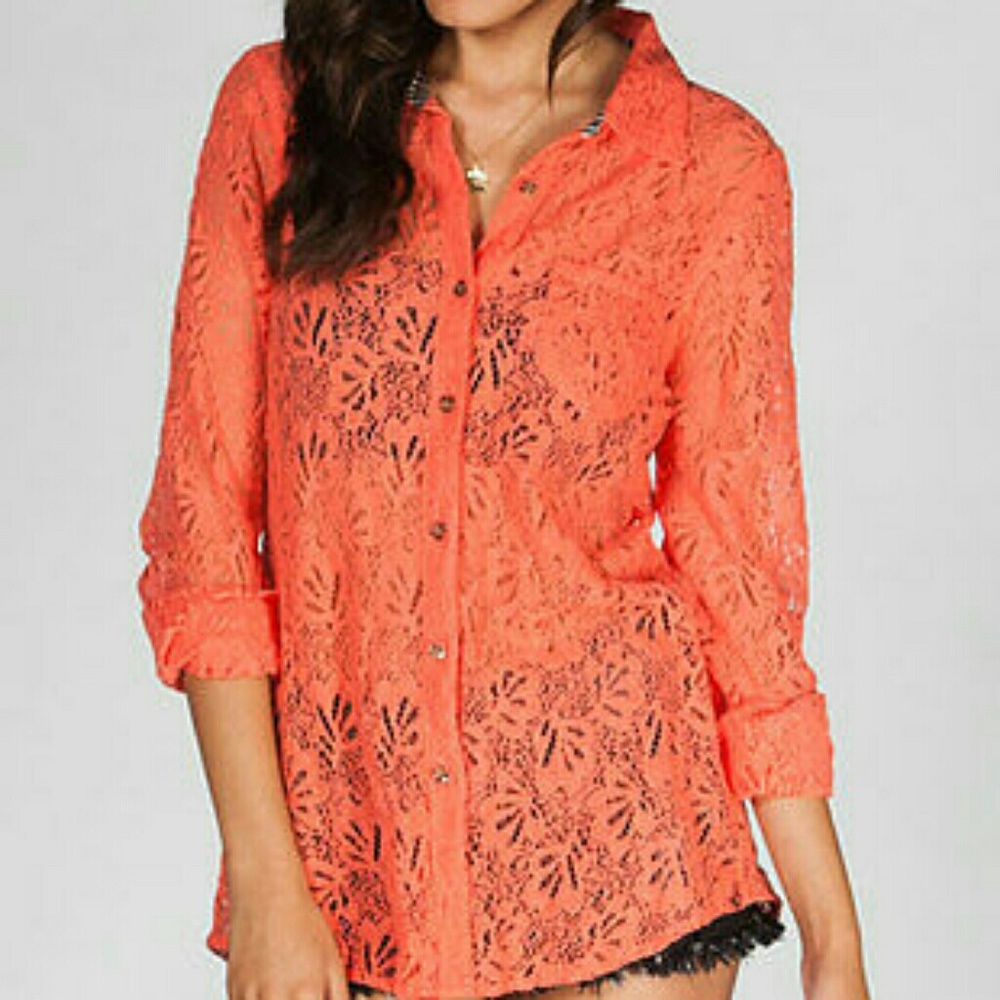 NWT Volcom floral see through Lace button down up top shirt long sleeve orange