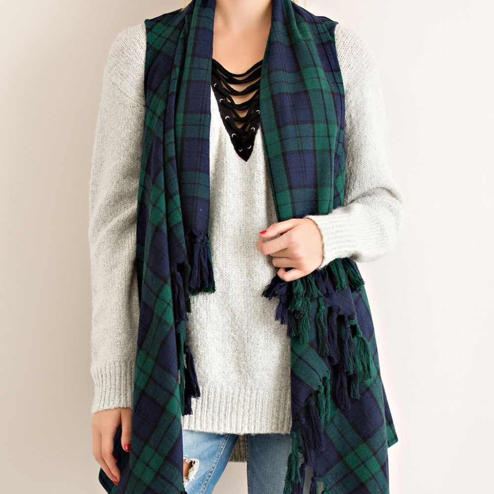 Plaid Fringe Hem Vest by Entro NWT