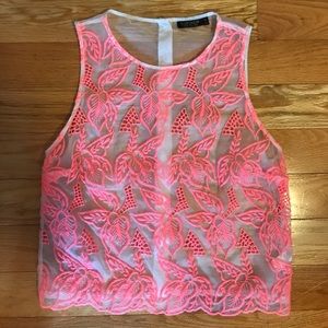 Sheer TOPSHOP top with pink embroidery.