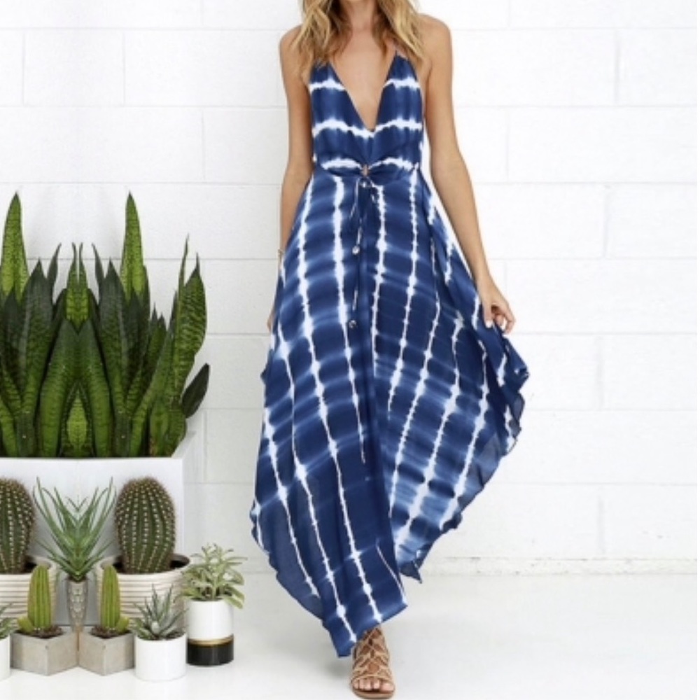 Deep V-Neck Print Backless Side Slit Dress NWT