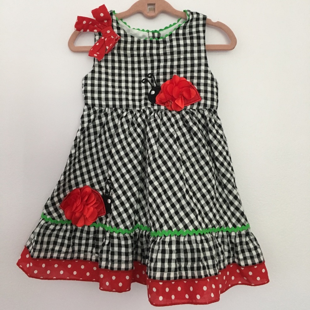 Baby Girl Gingham Polka Dot Lady Bug Dress