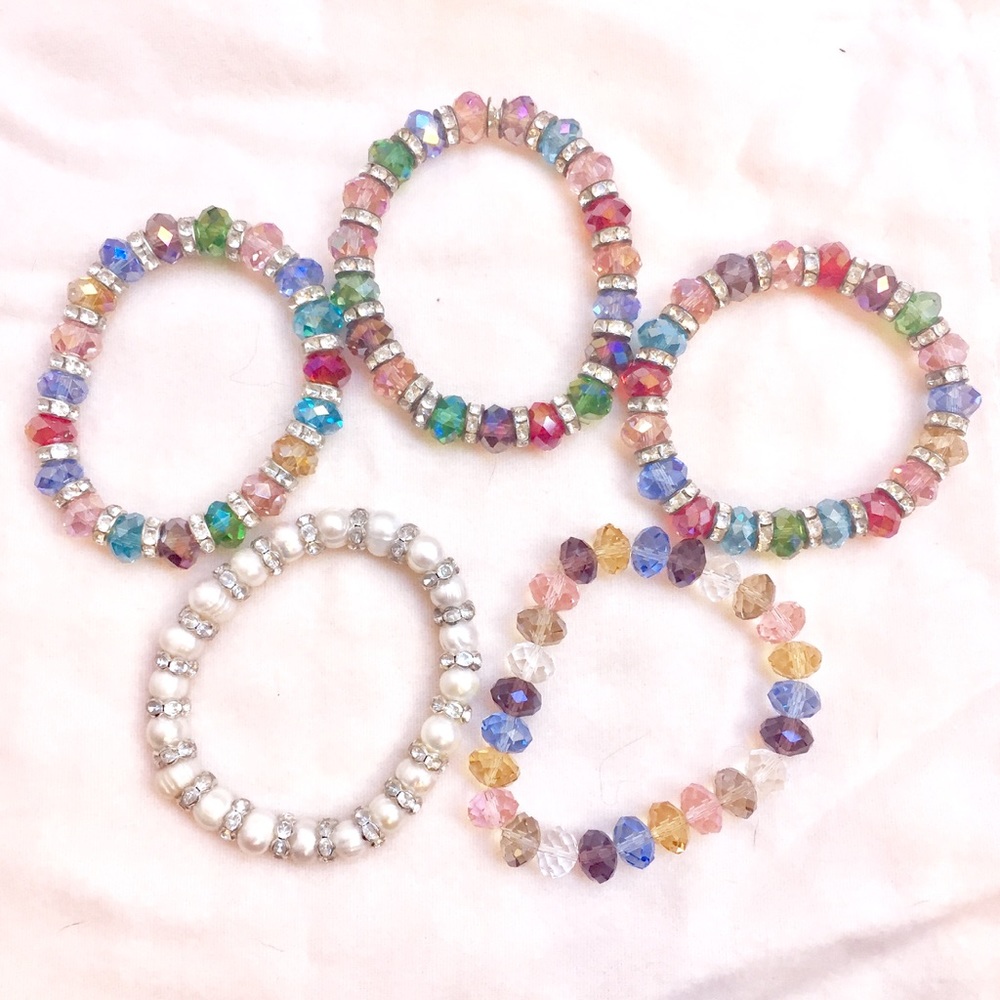 Stackable crystal and pearl bracelets