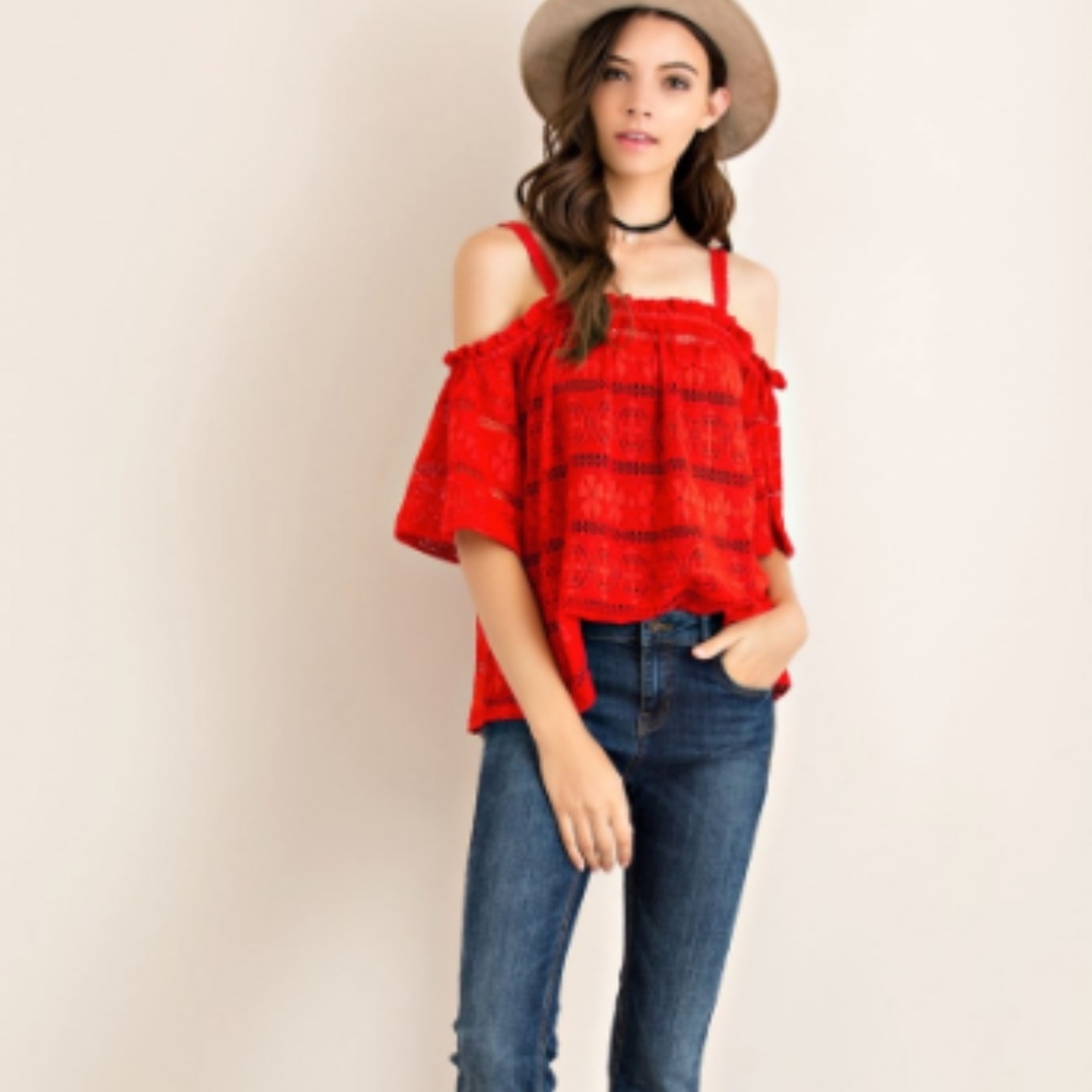 Red Lace Off Shoulder Top NWT - Picture 5 of 5