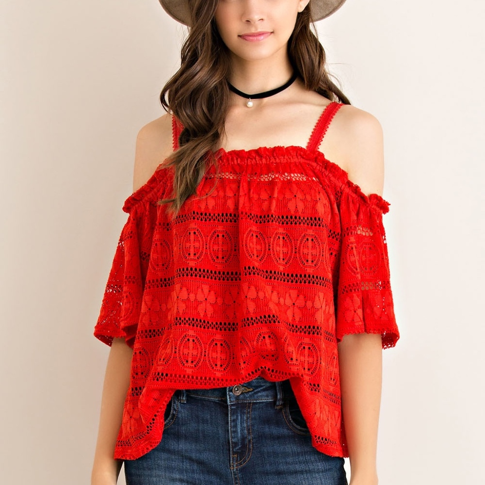 Red Lace Off Shoulder Top NWT