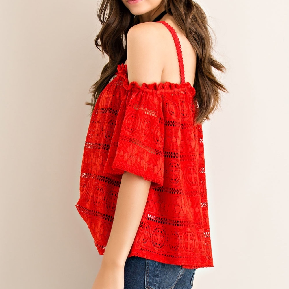 Red Lace Off Shoulder Top NWT - Picture 2 of 5