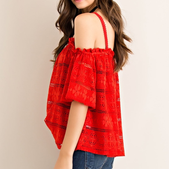 Red Lace Off Shoulder Top NWT - Picture 2 of 5