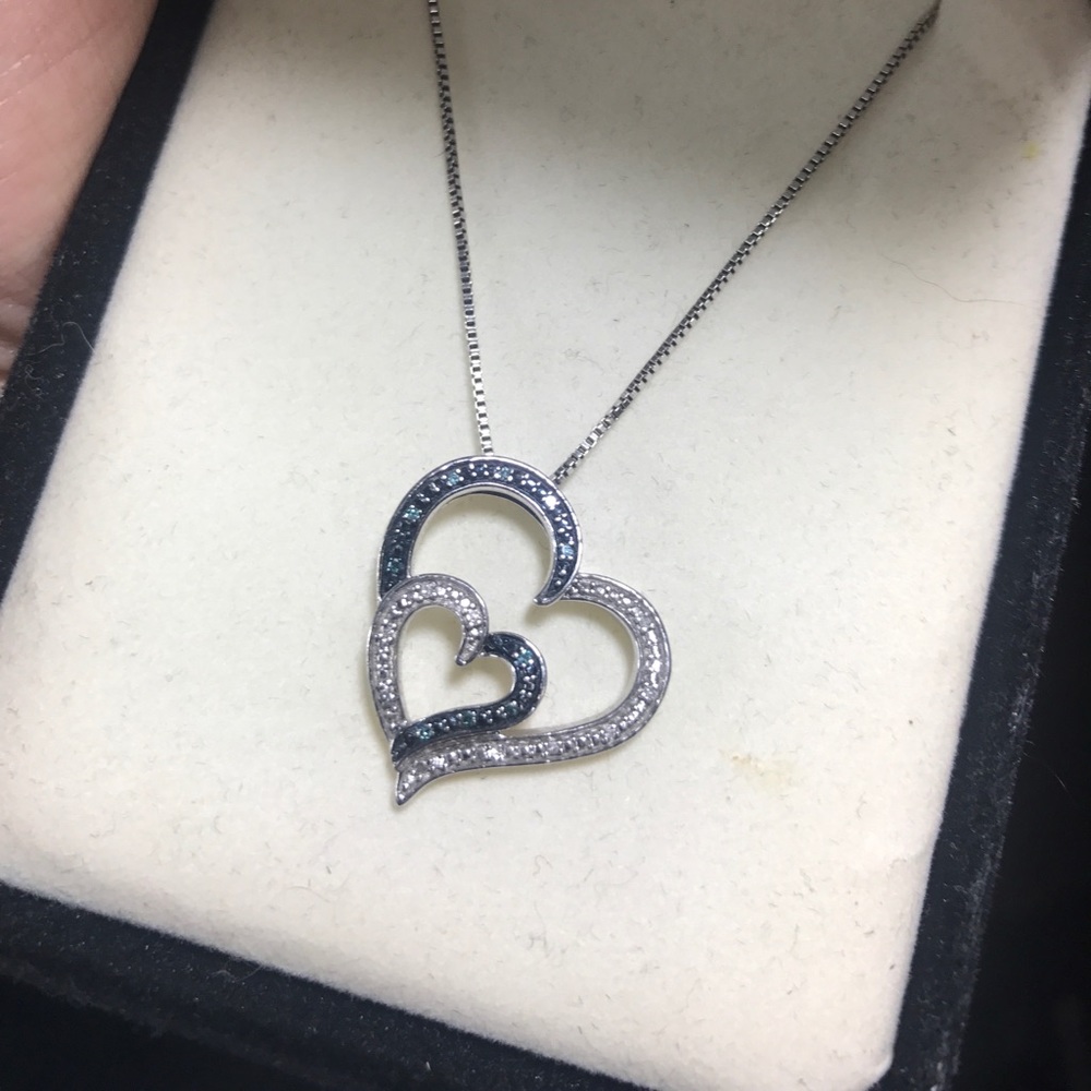 Blue&White Diamond Sterling Silver Heart Necklace