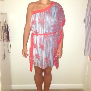 Off the shoulder flowy red and light blue dress