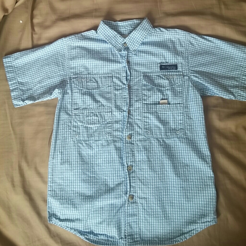 Boys Columbia PFG Blue/White Check Button Up sz M