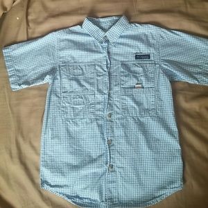 Boys Columbia PFG Blue/White Check Button Up sz M
