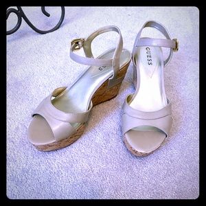 GUESS nude cork wedge sandals, 7.5