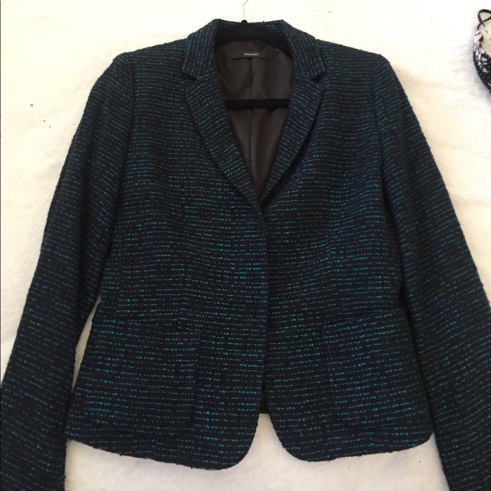 Tahari black blazer with green/aqua stitching