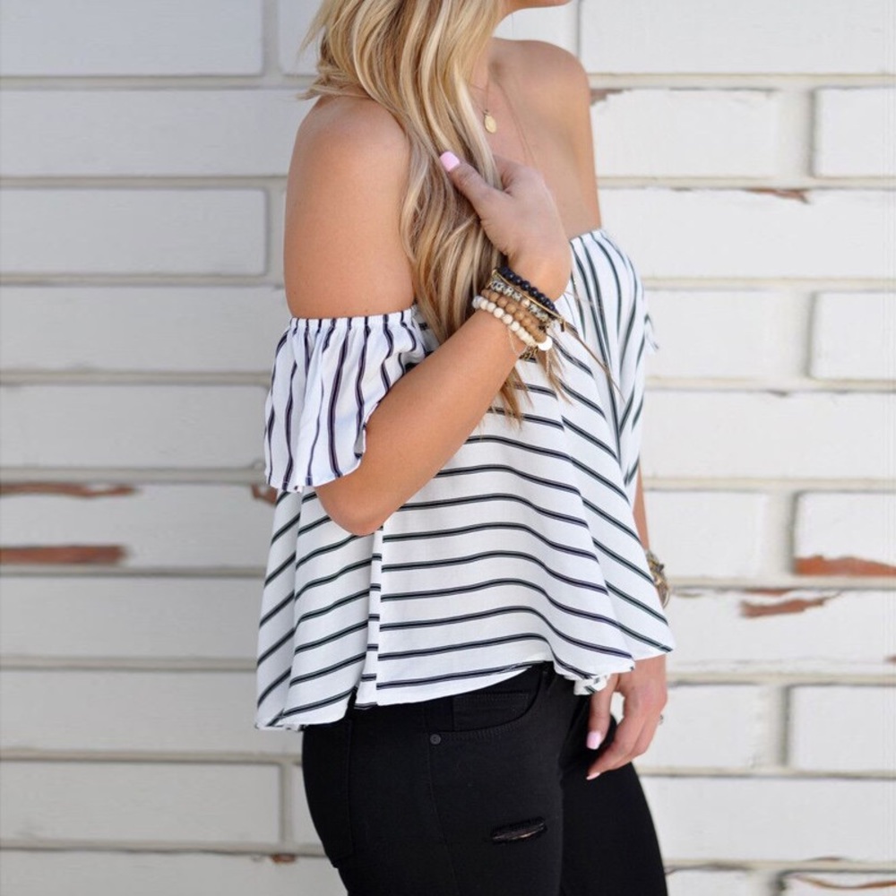 Striped Off Shoulder Loose Short Sleeve Blouse - Picture 3 of 3