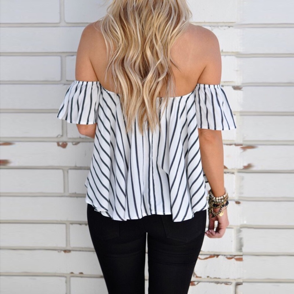 Striped Off Shoulder Loose Short Sleeve Blouse - Picture 2 of 3