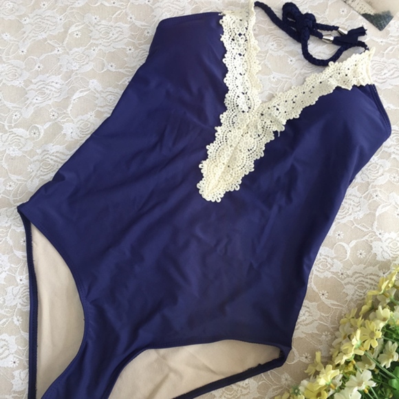 JUST IN Navy Blue and Lace Trim One Piece Swimwear - Picture 5 of 7