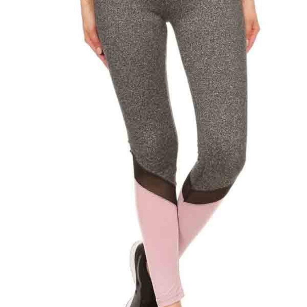 Grey mesh panel leggings with pink accent